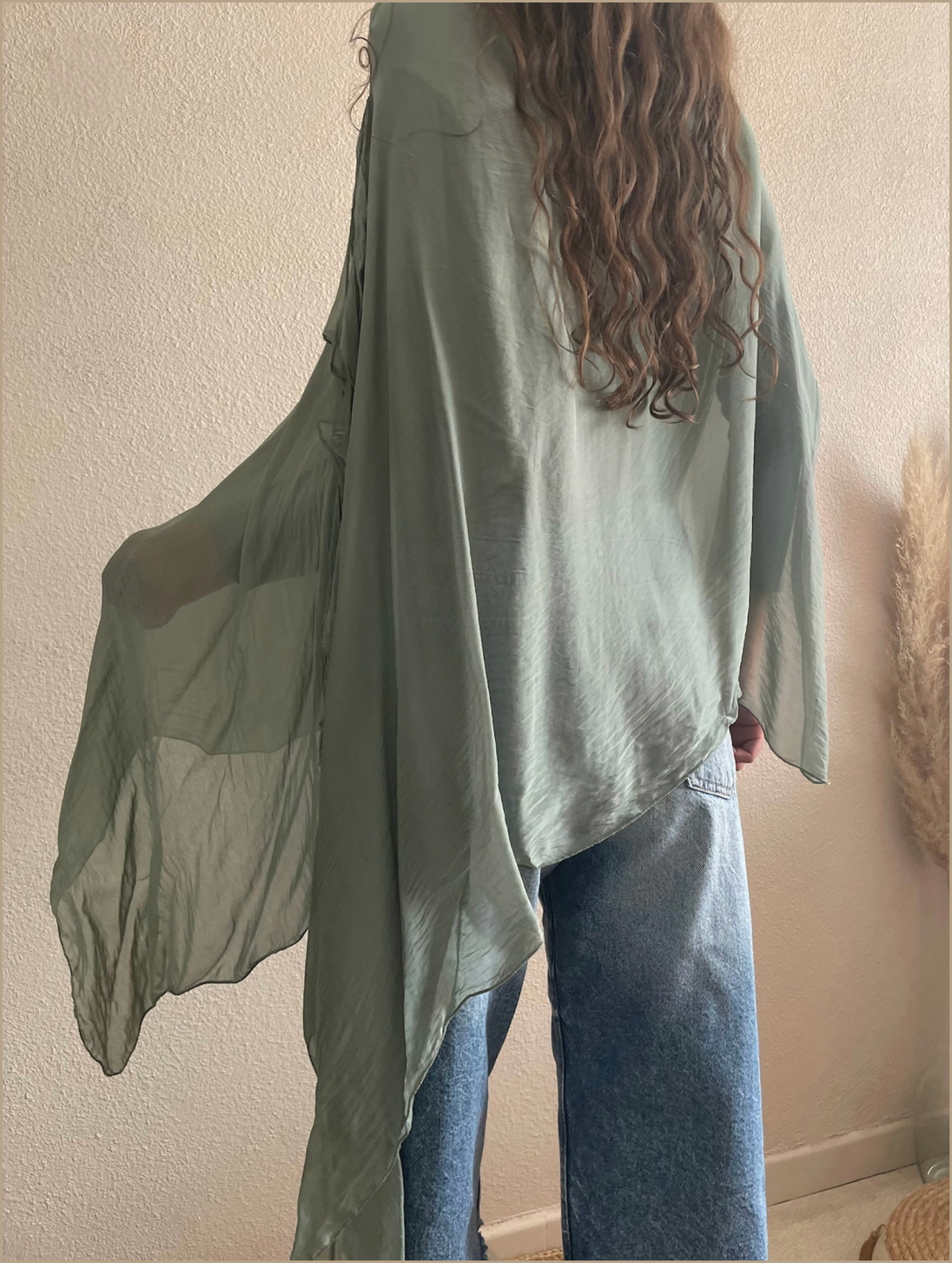 Poncho Vert Sauge – Voile Fluide Bohème Chic