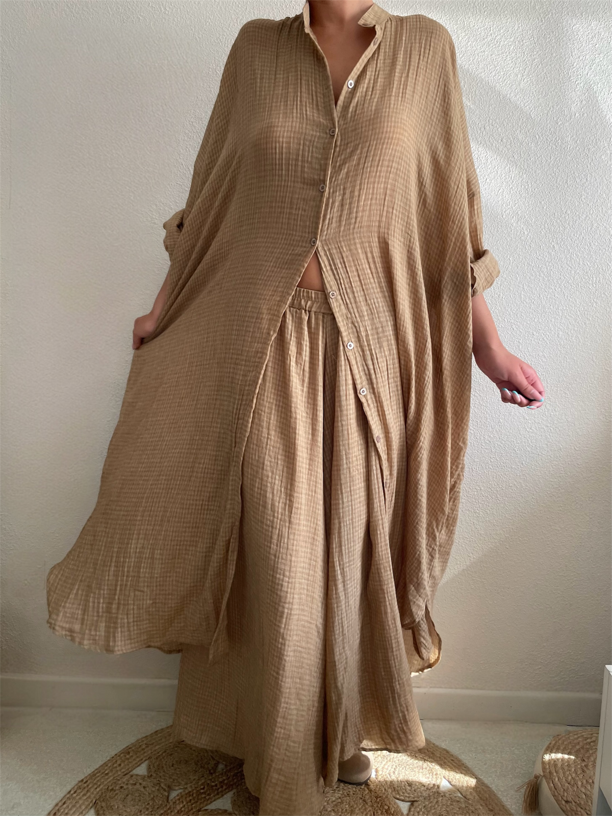 Ensemble Chemise Longue & Pantalon Ample en Voile de Coton – Taille Unique