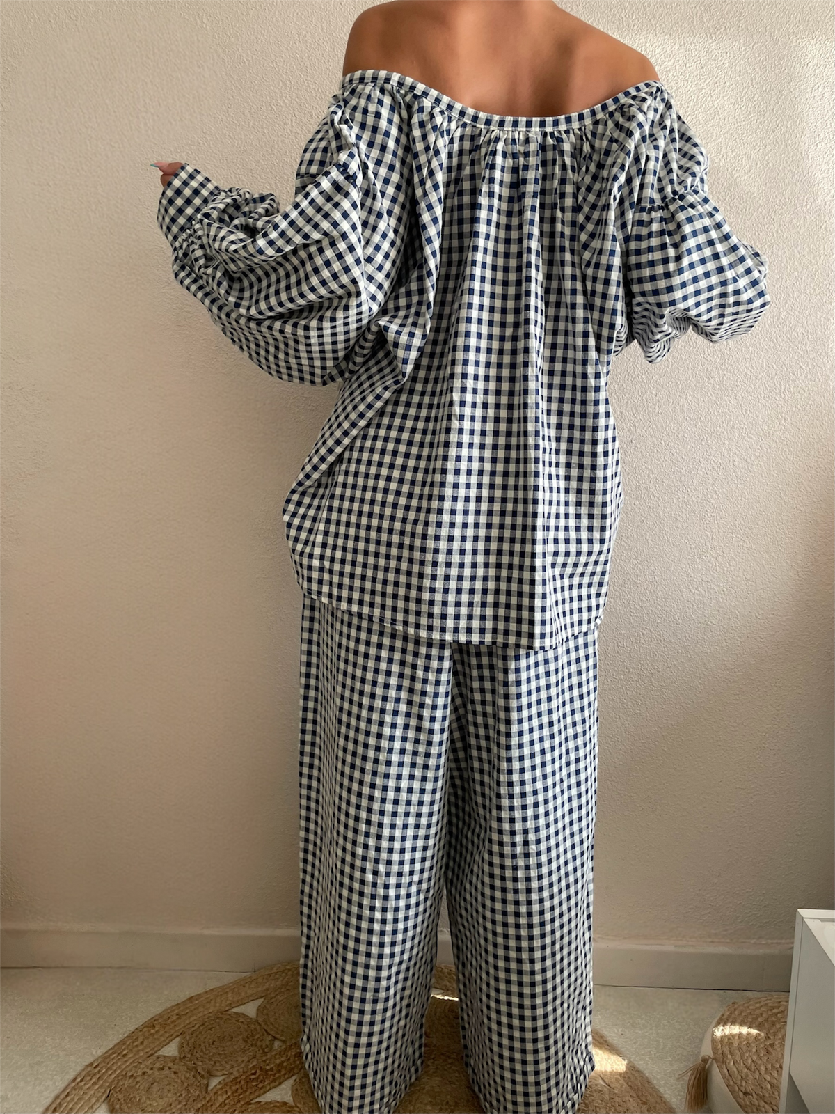 Ensemble Vichy Blouse Col Bardot & Pantalon en Coton - Taille Unique