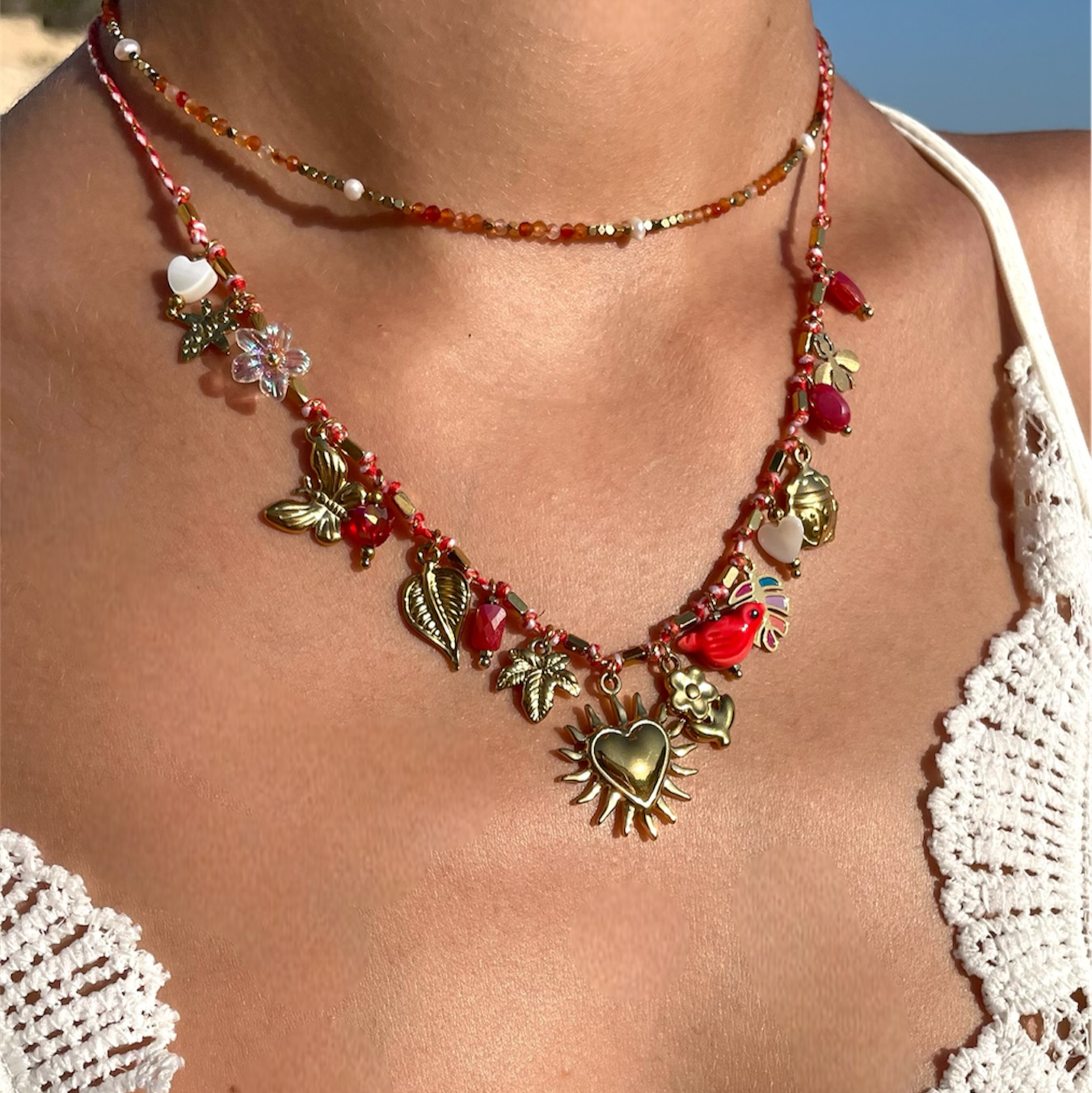 Collier Breloques Acier Inoxydable - Azur Rouge