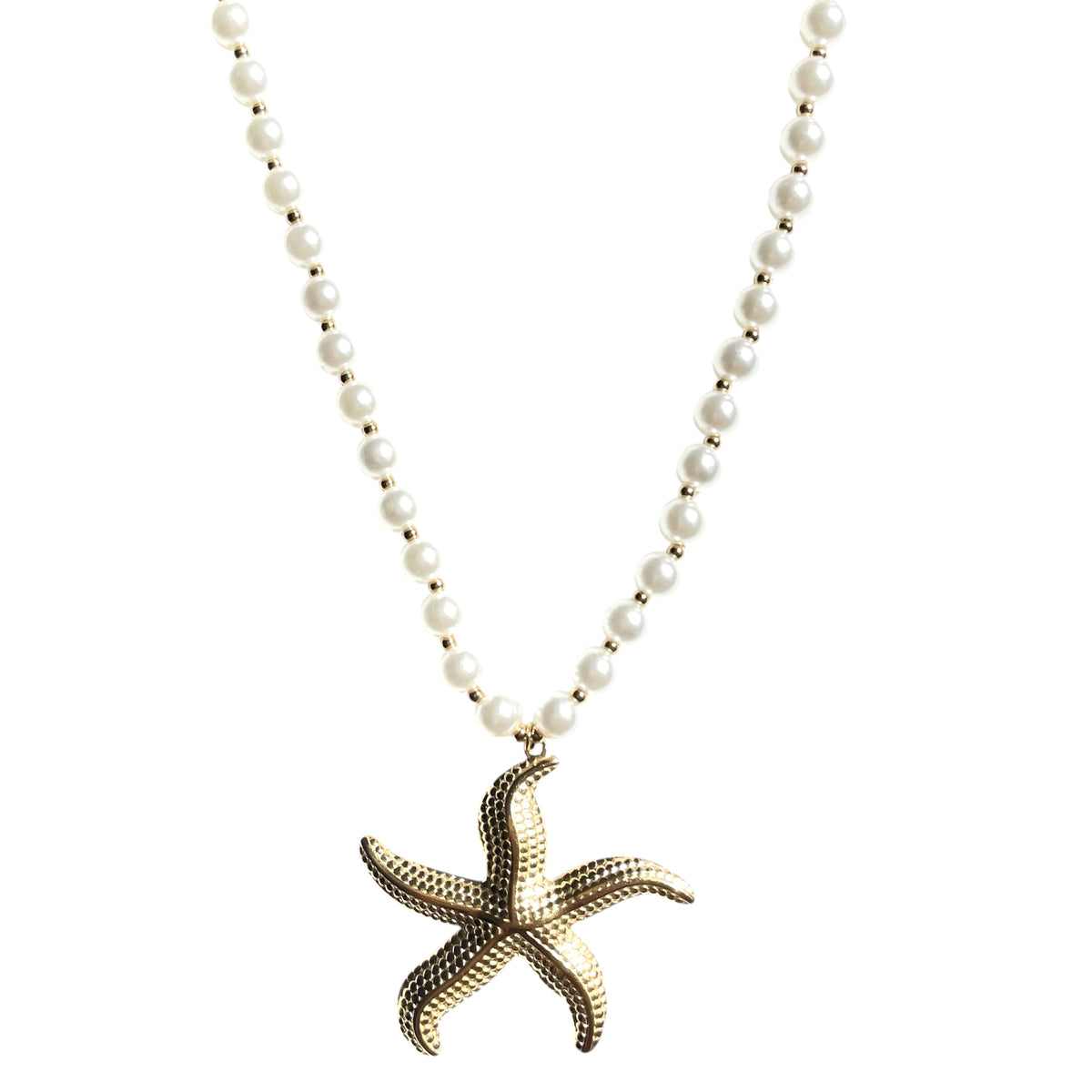 Collier perles blanches et dorés composé d’une étoile de mer en acier inoxydable doré pour femme