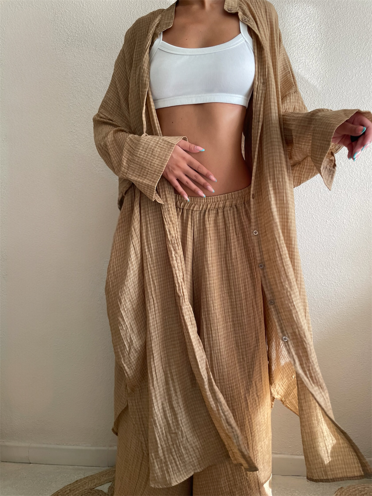 Ensemble Chemise Longue & Pantalon Ample en Voile de Coton – Taille Unique