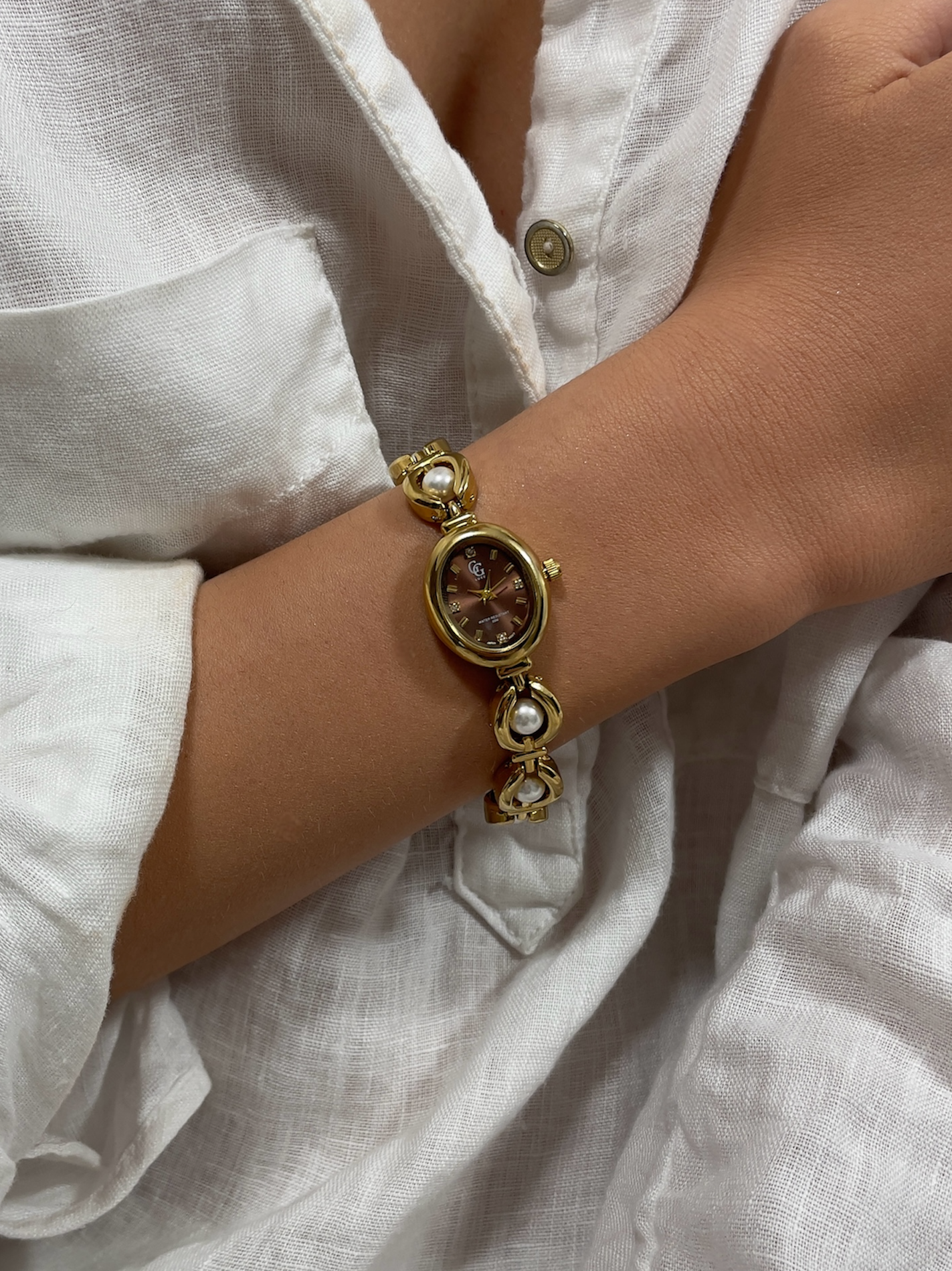Montre Bracelet Perles et Cadran Ovale Marron - Belvina
