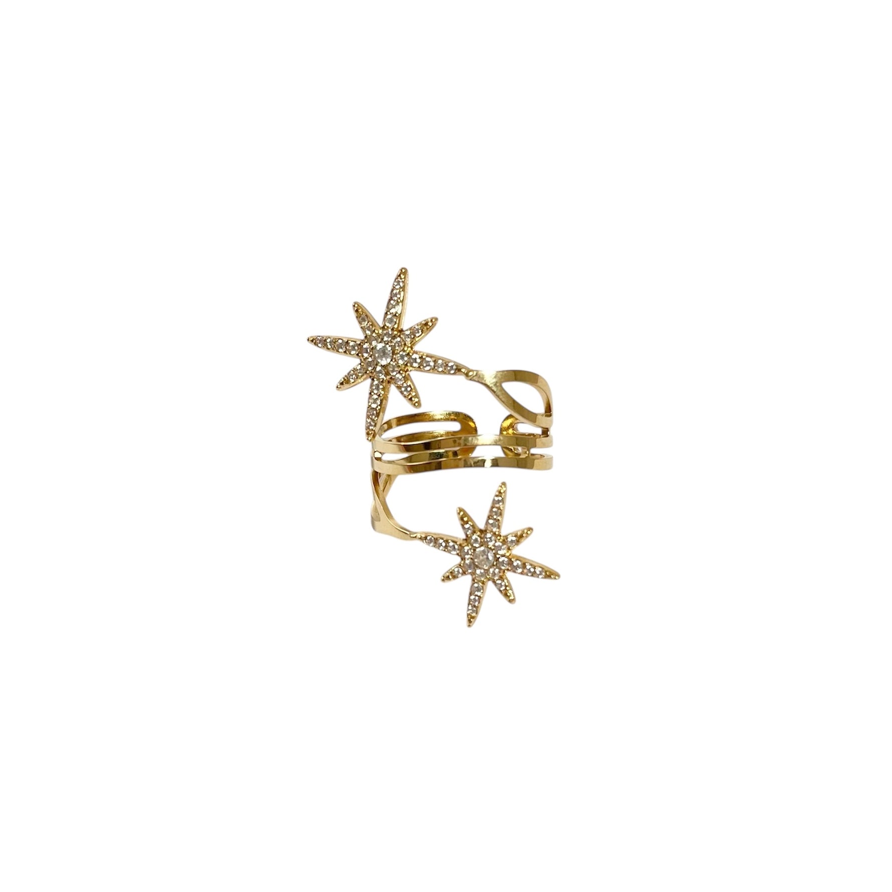 Bague 2 étoiles ajustable doré tendance en acier inoxydable pour femme 