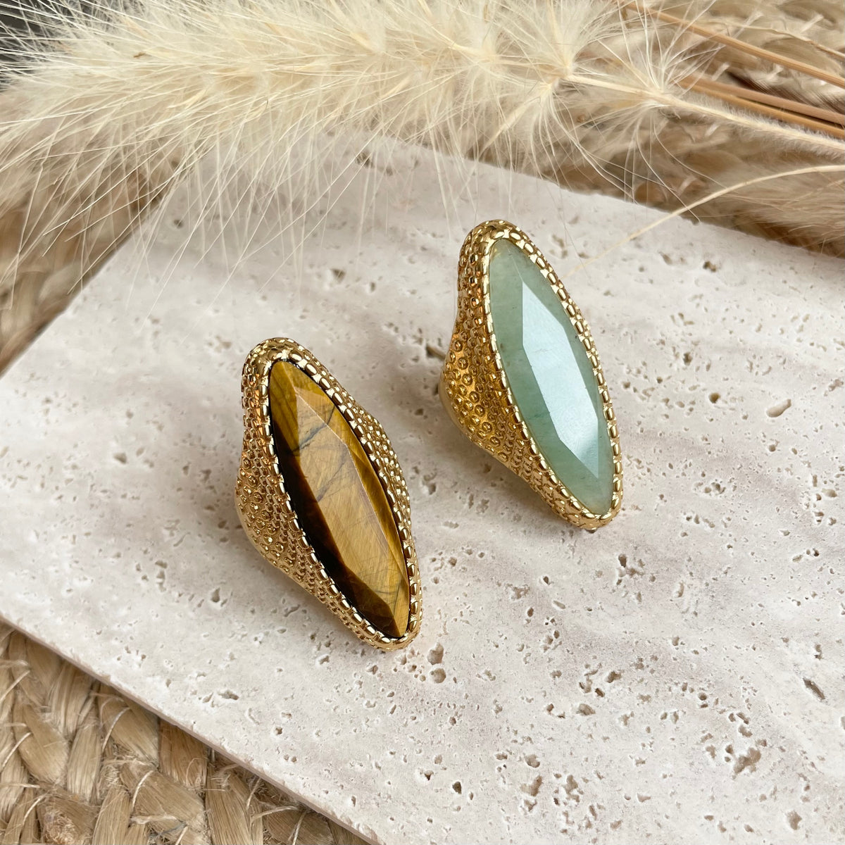 Bague en pierre naturelle forme marquise en acier inoxydable doré pour femme 