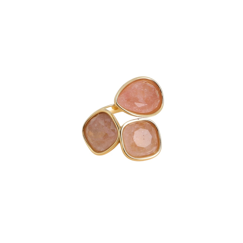 Bague quartz fraise pierres naturelles et en acier inoxydable doré pour femme 