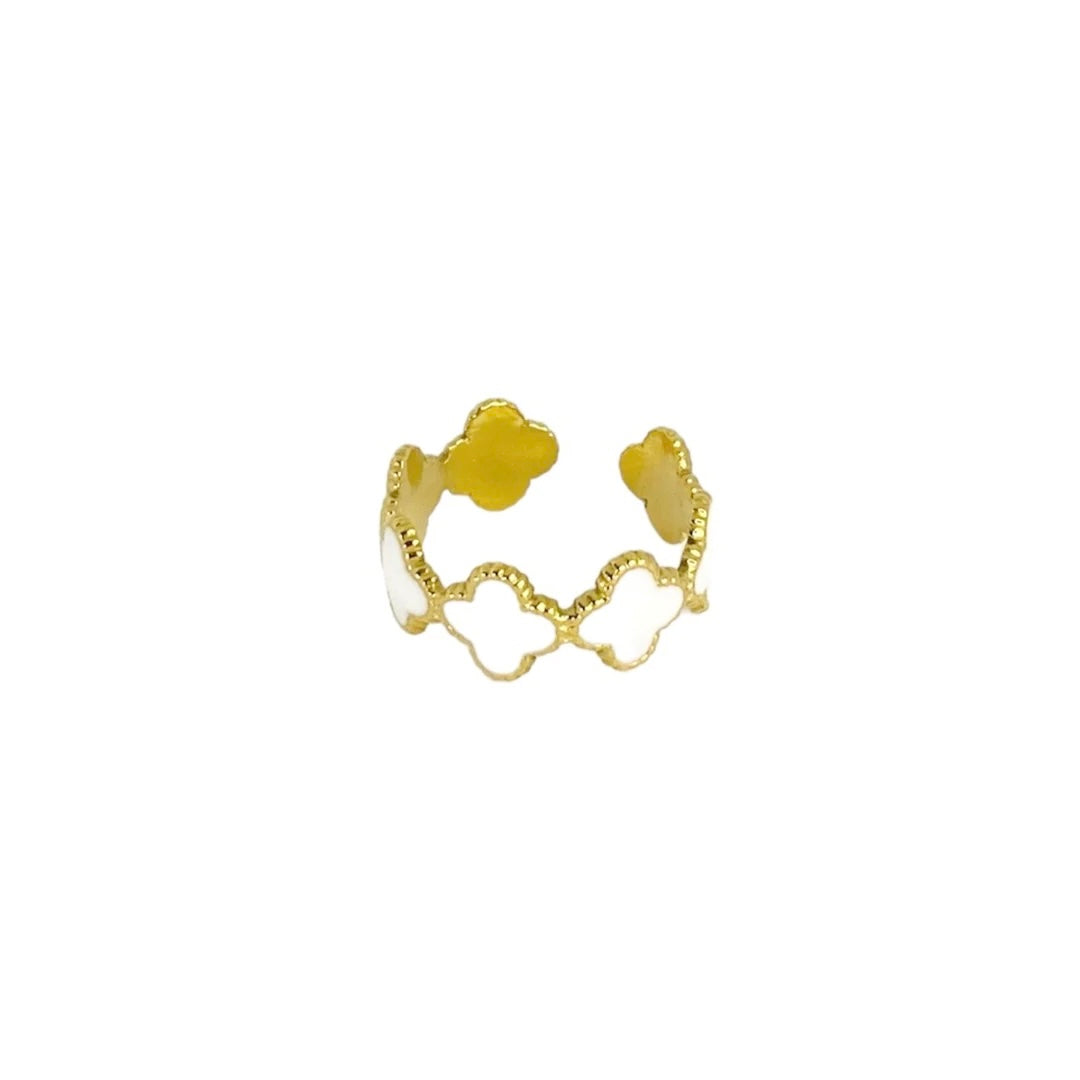 Bague en forme de trèfle blanc en acier inoxydable doré pour femme 