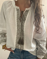 Blouse Blanche Bohème Chic Brodée Kaki – Manches Longues Pompons Coton femme 