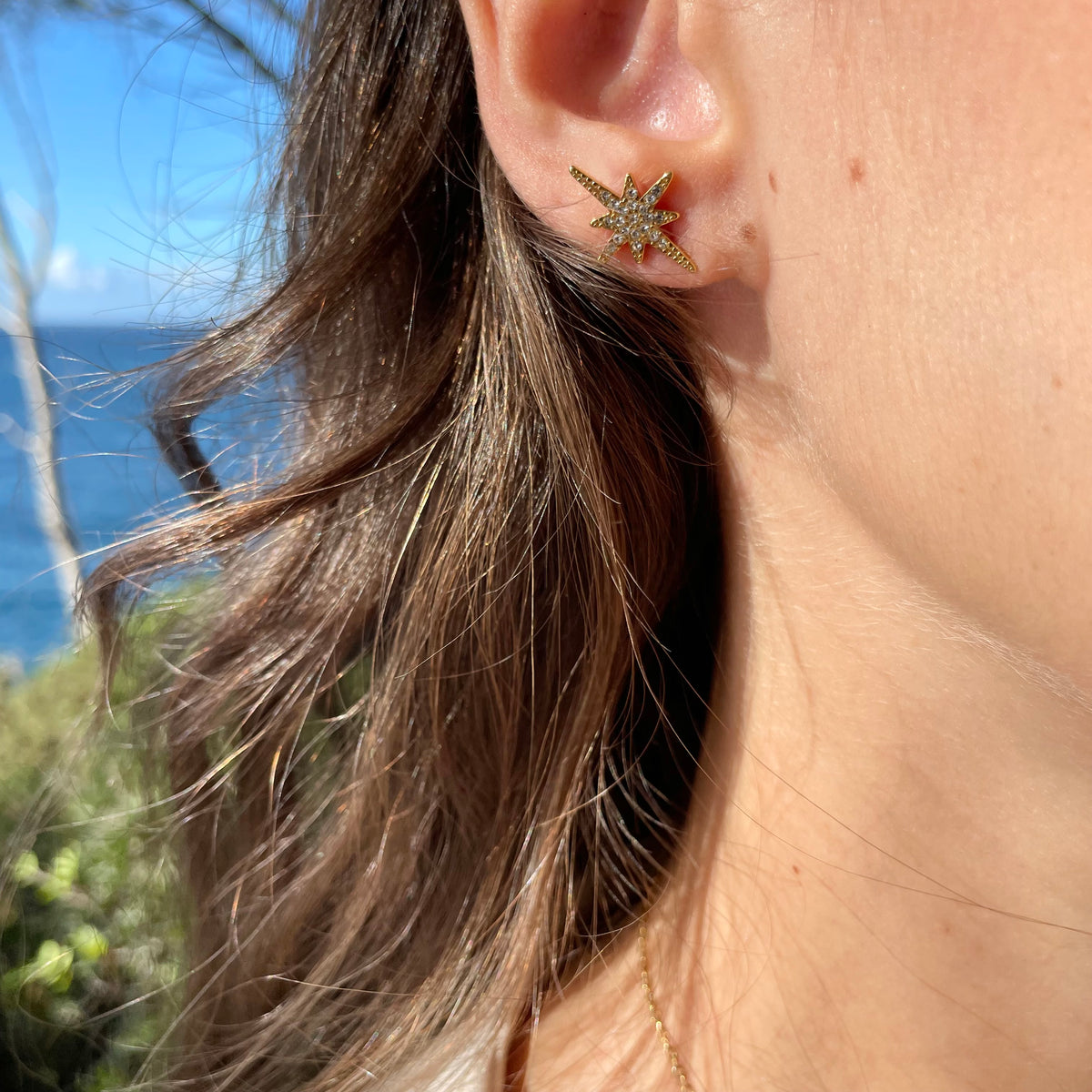 Boucles d’oreilles puces étoilée en acier inoxydable strass doré pour femme 