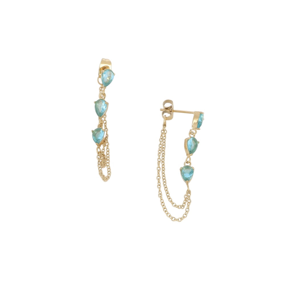 Paire de boucles d’oreilles pendantes en acier inoxydable doré, ornées de cristaux en forme de goutte turquoise et de fines chaînes, au design élégant et résistant à l’eau.