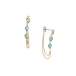 Paire de boucles d’oreilles pendantes en acier inoxydable doré, ornées de cristaux en forme de goutte turquoise et de fines chaînes, au design élégant et résistant à l’eau.