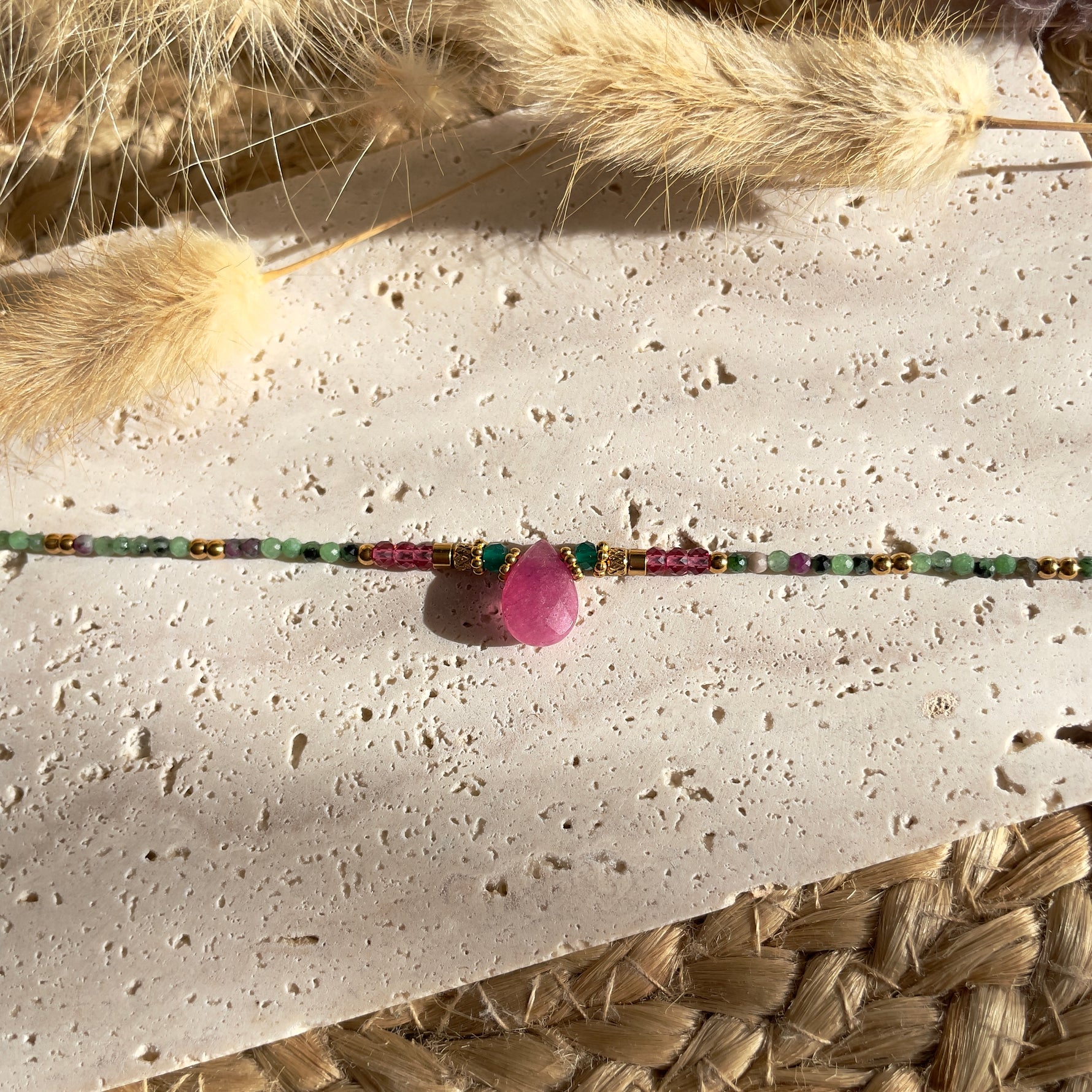 Bracelet en pierres naturelles aventurine et agate rose pour femme 