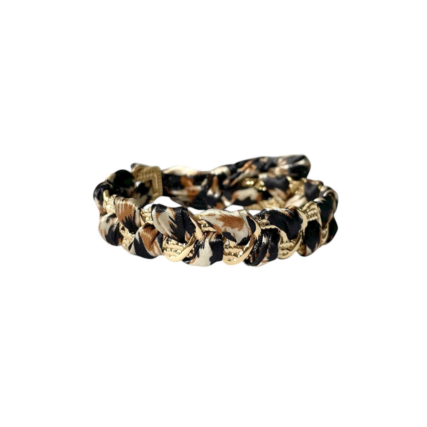 Bracelet jonc ajustable en acier inoxydable doré, relié par un tissu léopard pour femme 