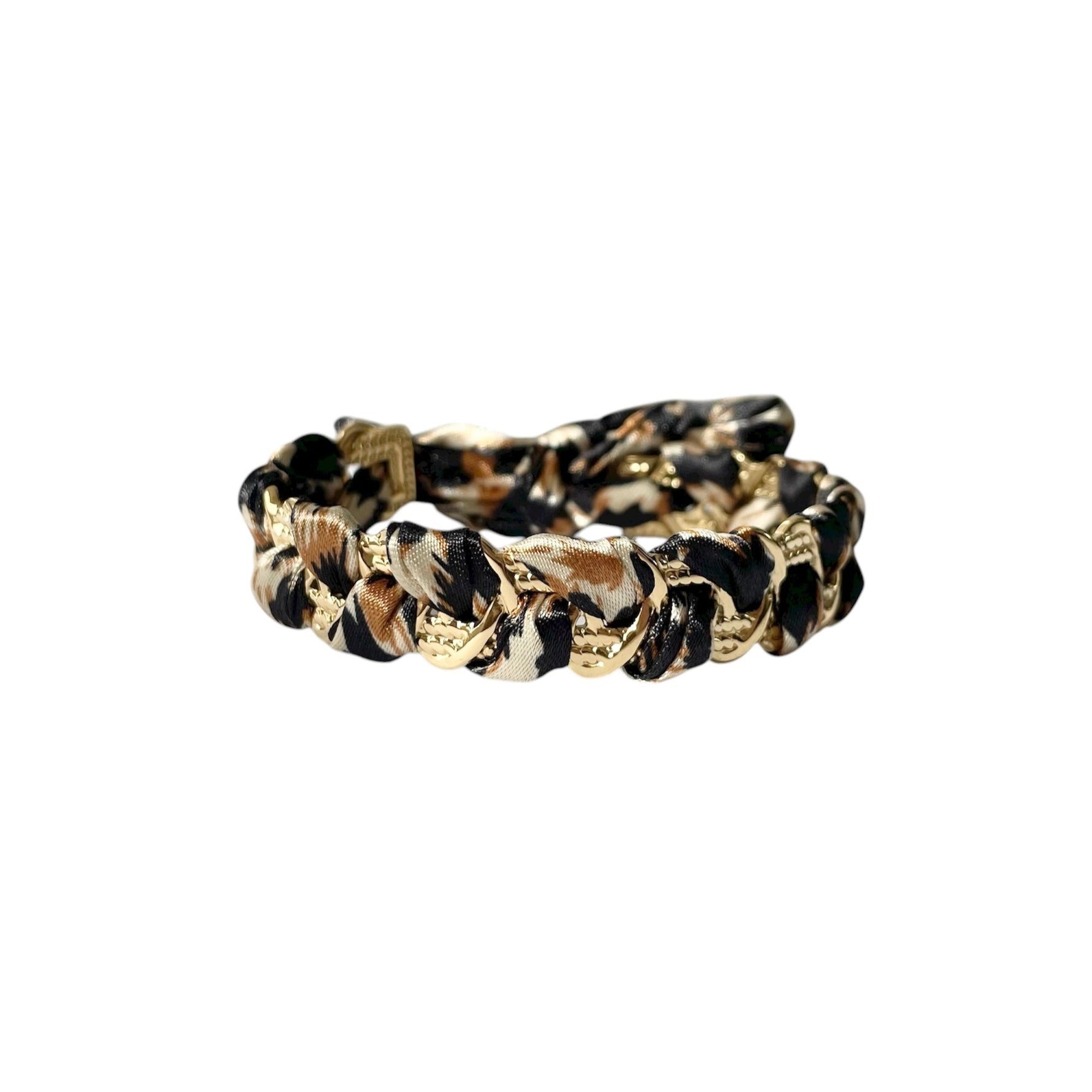 Bracelet jonc ajustable en acier inoxydable doré, relié par un tissu léopard pour femme 