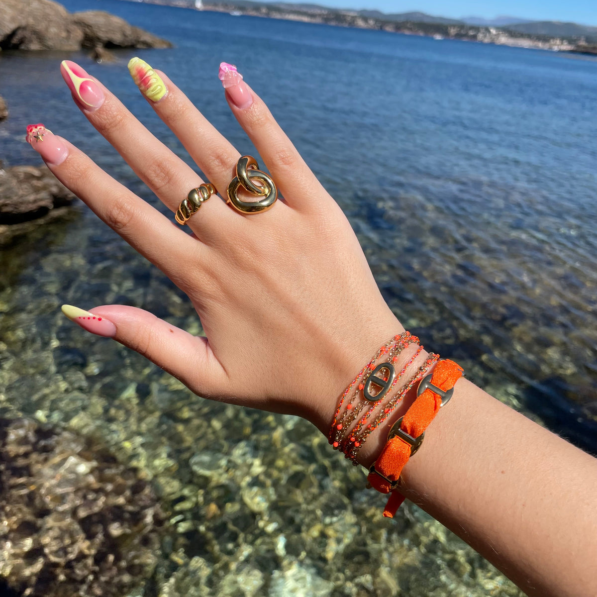 Bracelet multi-rang en cordon orange avec maille marine et perle orange, bijou pour femme en acier inoxydable doré, résistant à l’eau, tendance été