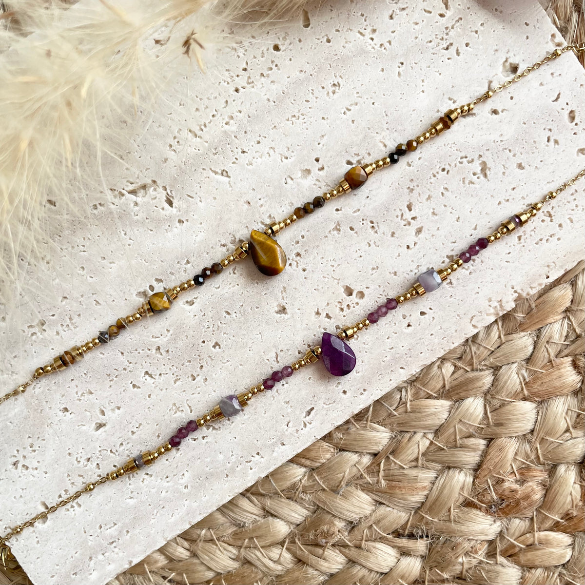Bracelet en pierre naturelle œil de tigre, améthyste, acier doré femme 