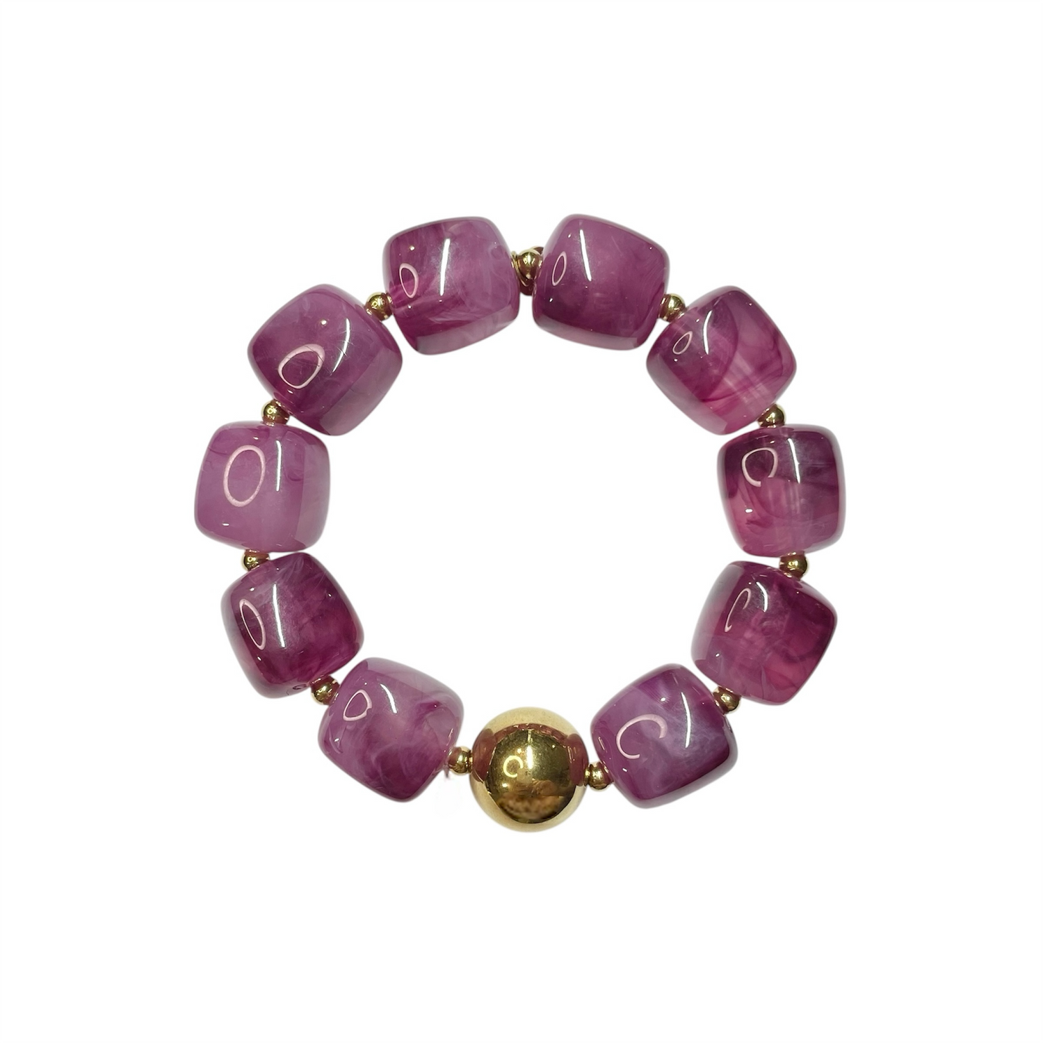 Bracelet en résine perles carrées violettes et doré en acier inoxydable ajustable femme 