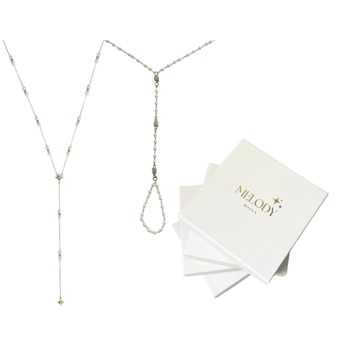 Coffret de Noël édition limitée Melody Bijoux avec collier Y Provence, chaîne de main Perle et boîte cadeau.