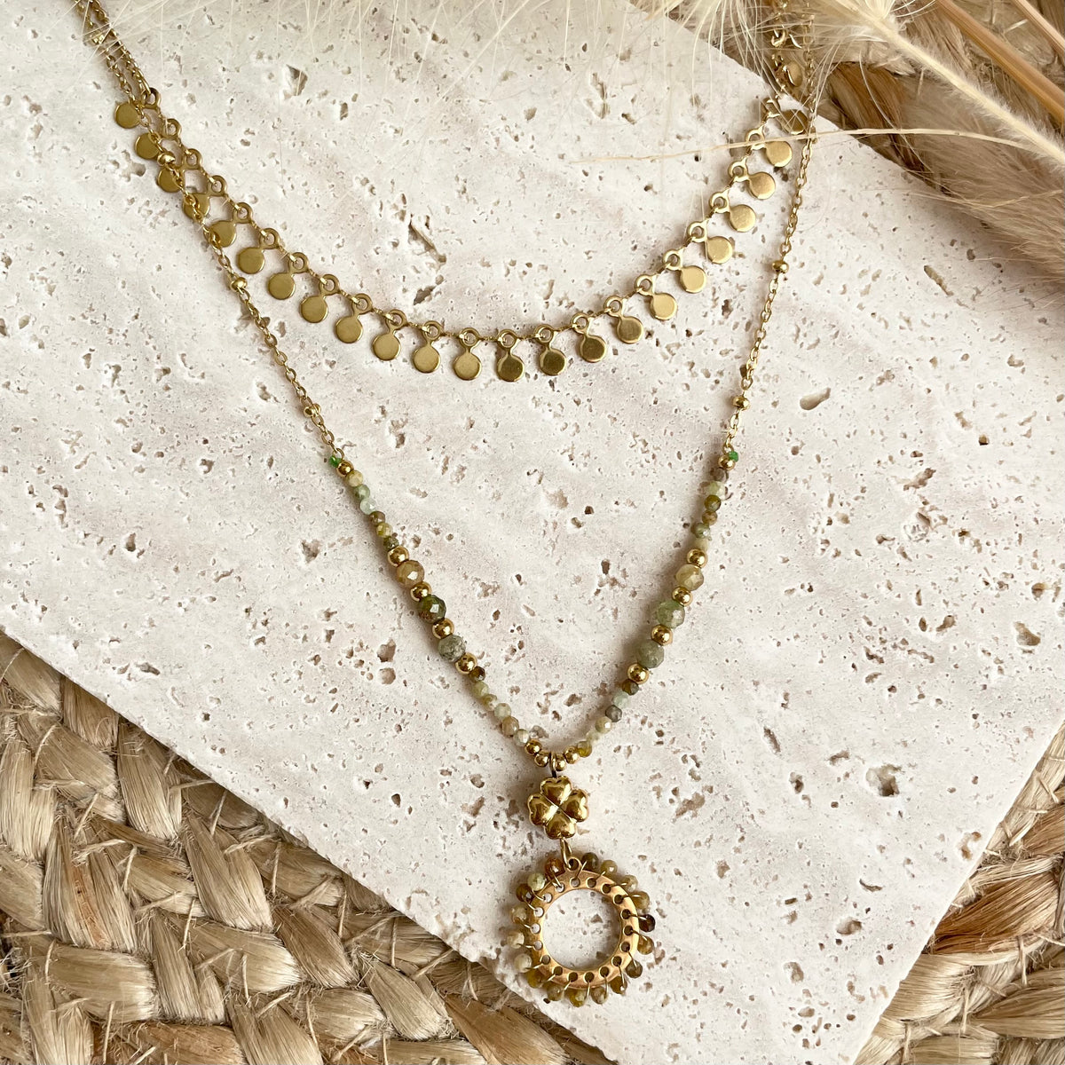 Collier Double Rang Doré Pierre Naturelle Citrine – Pendentif Cercle Perlé – Bijou Femme Bohème-Chic