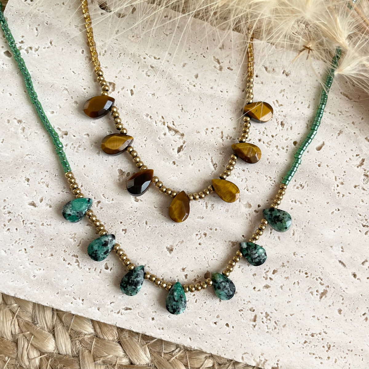 Collier Perles Gouttes Pierre Naturelle – Œil de Tigre ou Turquoise Africaine – Bijou Femme Bohème