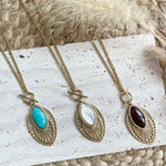 Collier Sautoir Pendentif Ajouré Pierre Naturelle, Amazonite, Nacre ou Œil de Bœuf, Acier Inoxydable