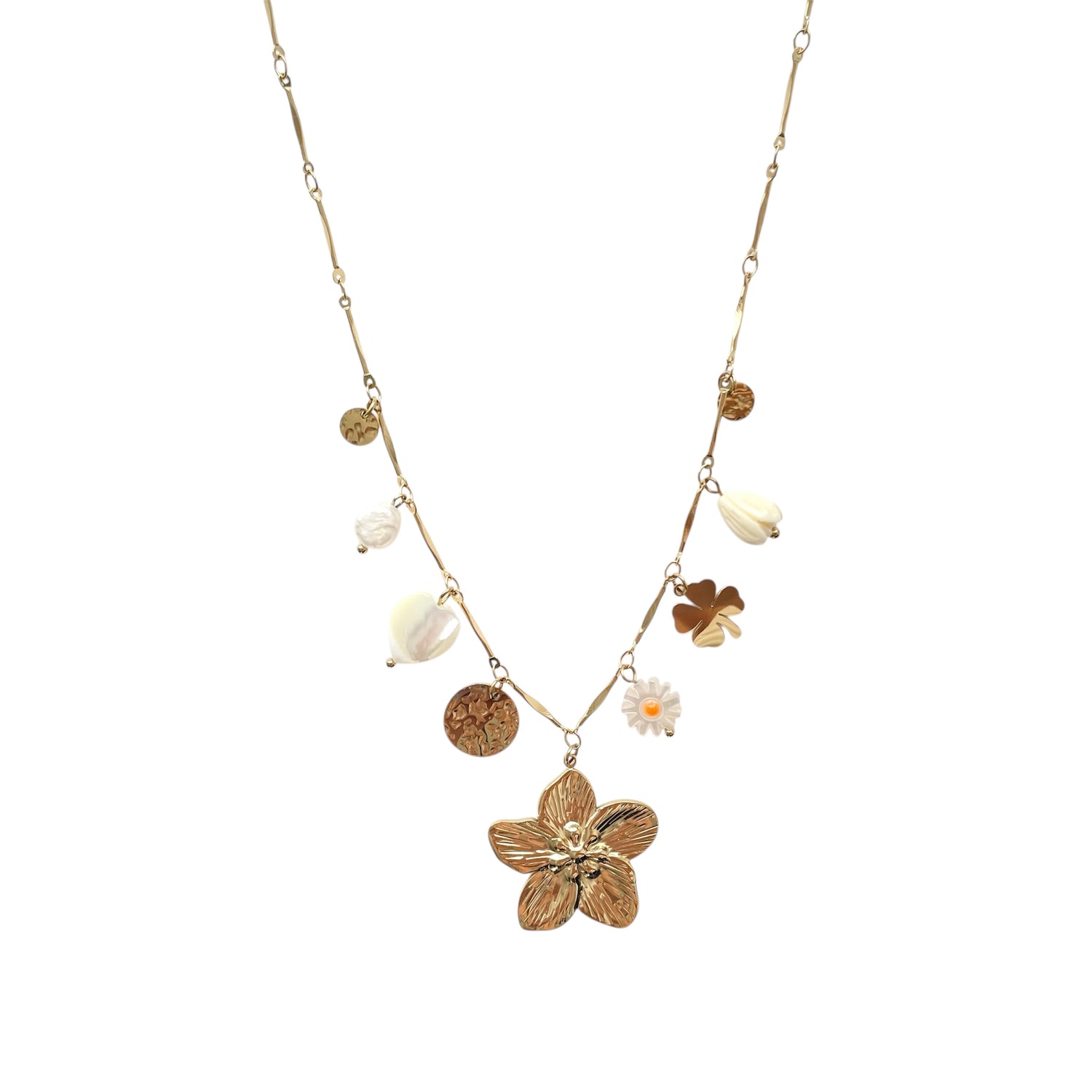 Collier avec breloques fleur en acier inoxydable doré tendance pour femme 
