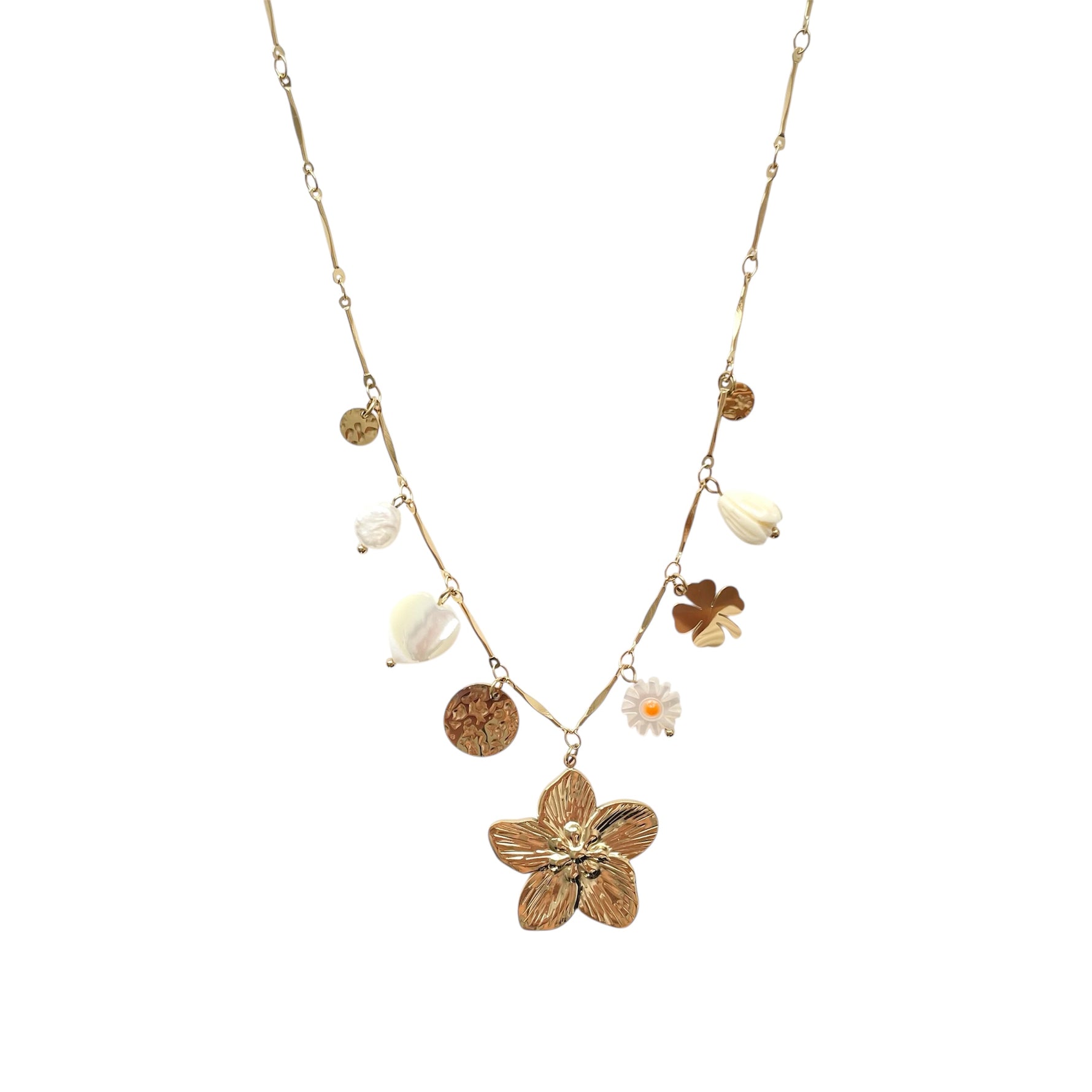 Collier avec breloques fleur en acier inoxydable doré tendance pour femme 