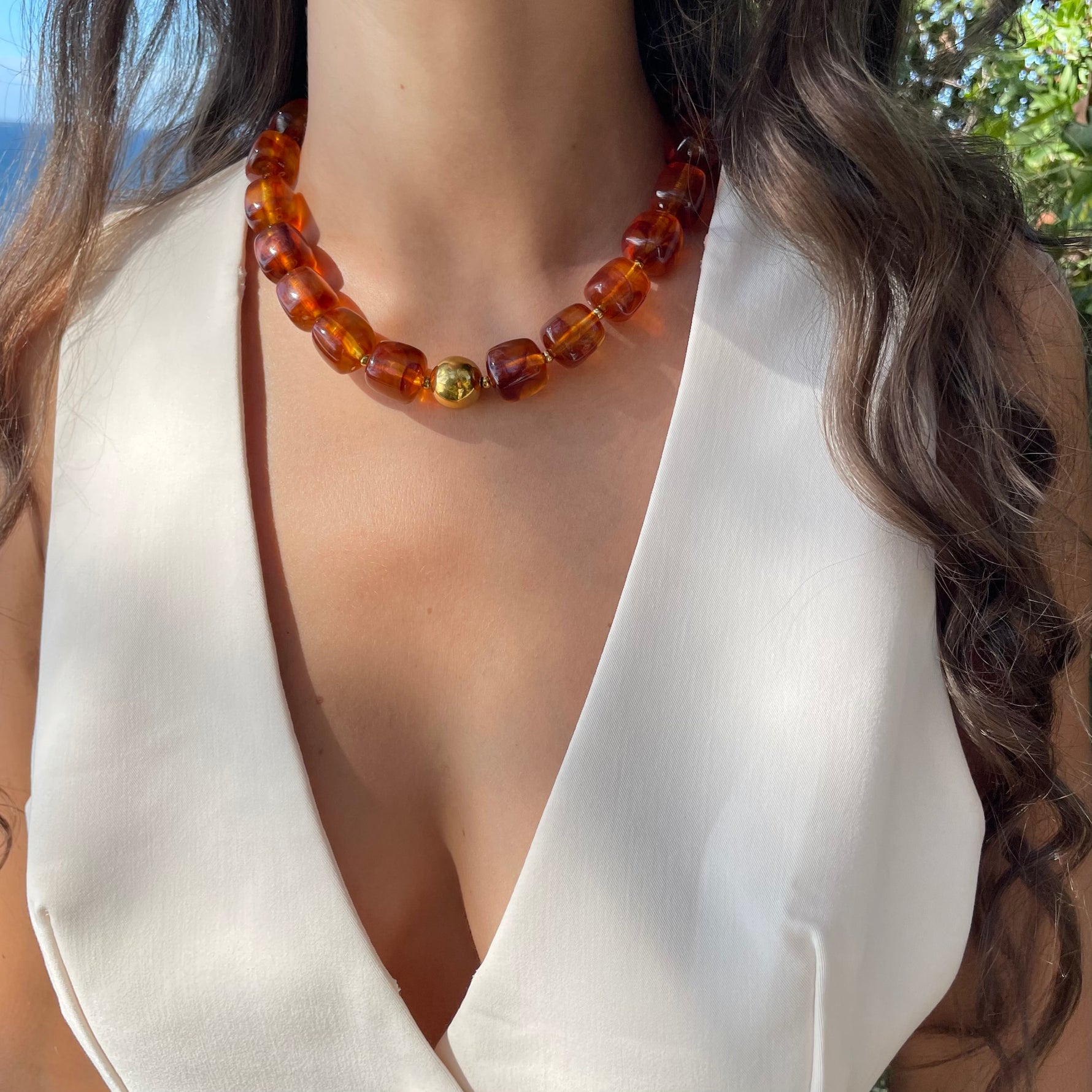 Collier en résine perles marron tendance pour femme 