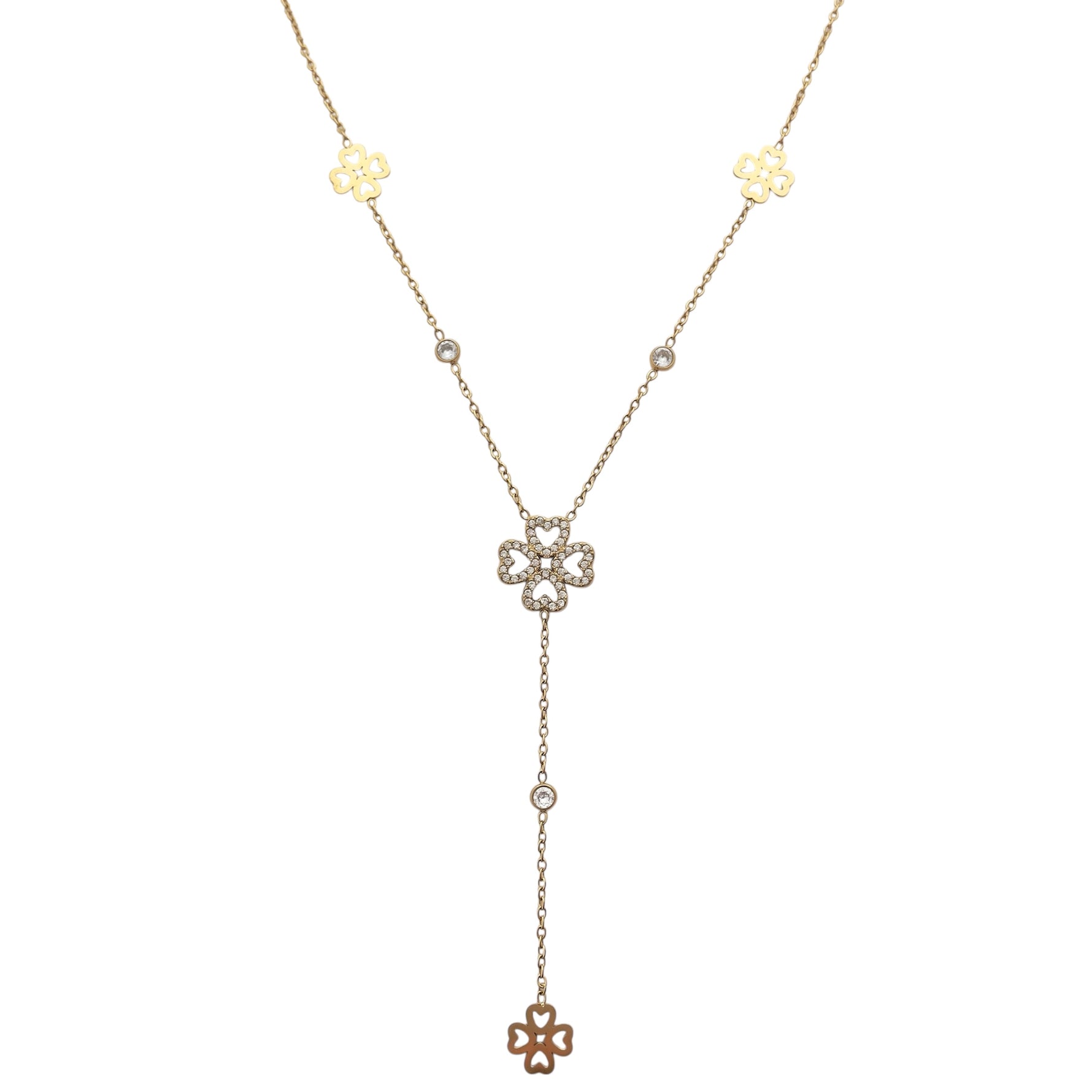 Collier en y trèfle tendance en acier inoxydable doré pour femme 