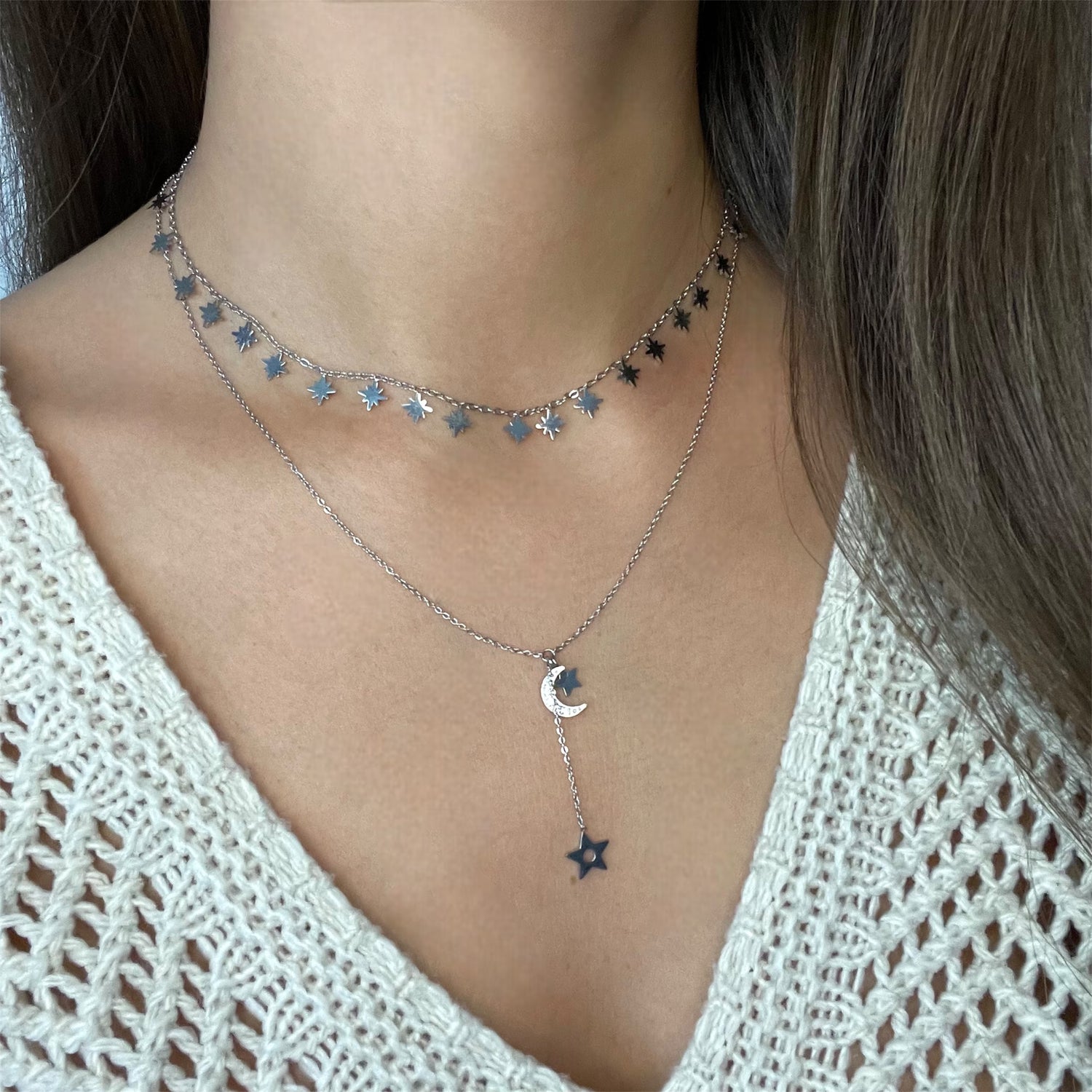 Collier multi étoile argenté en acier inoxydable pour femme 