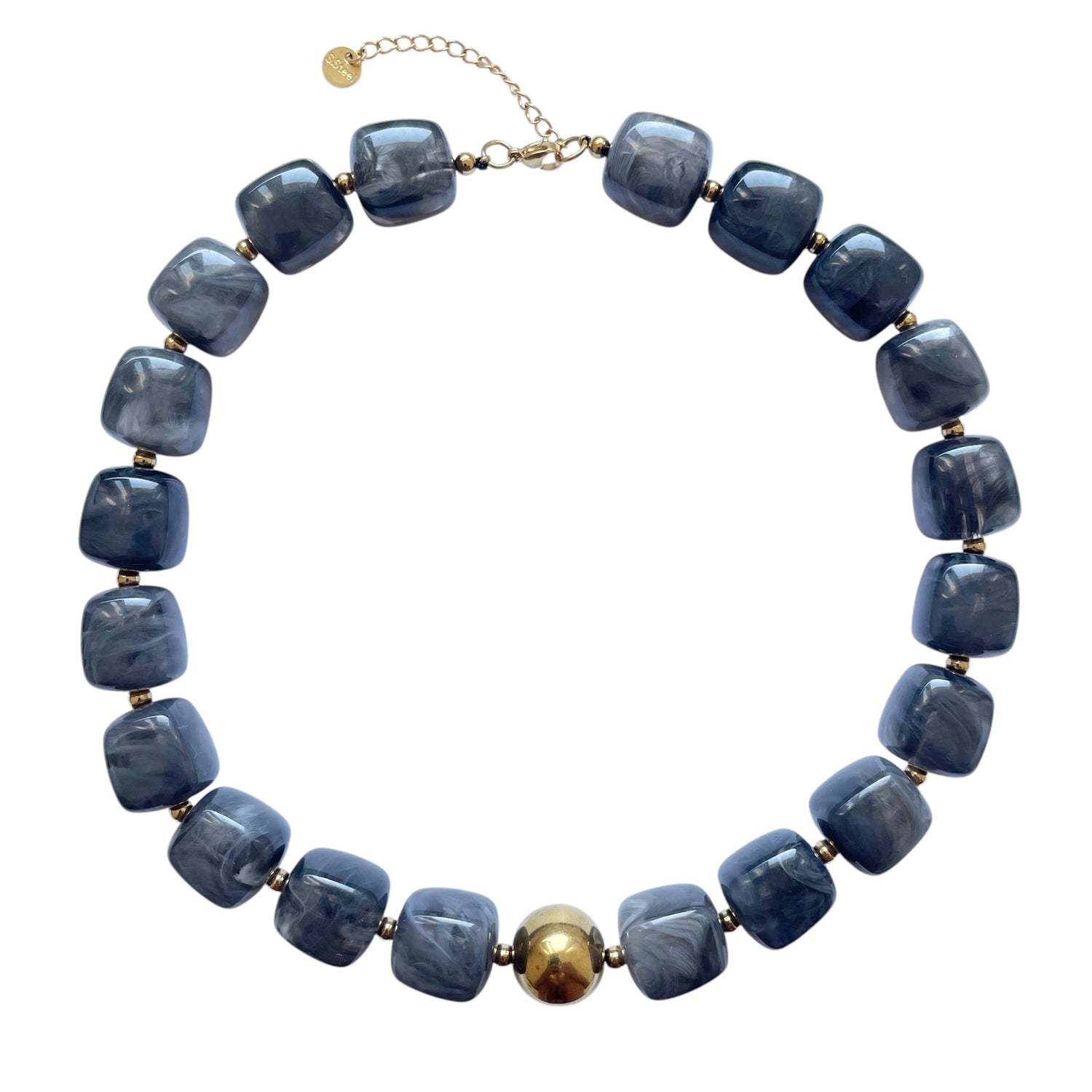 Collier perles carrées en résine grise et perle doré en acier inoxydable tendance pour femme