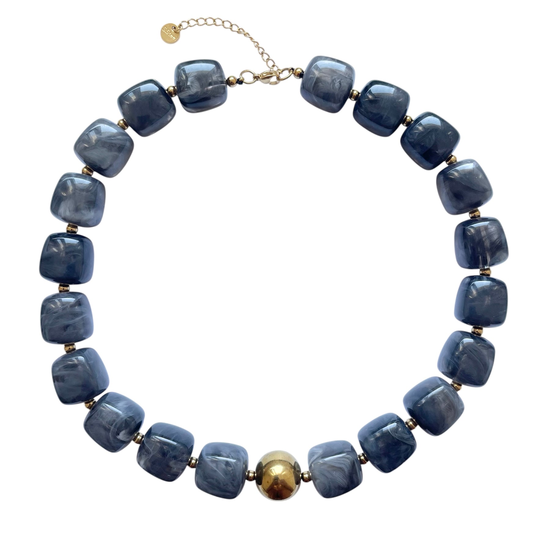 Collier perles carrées en résine grise et perle doré en acier inoxydable tendance pour femme