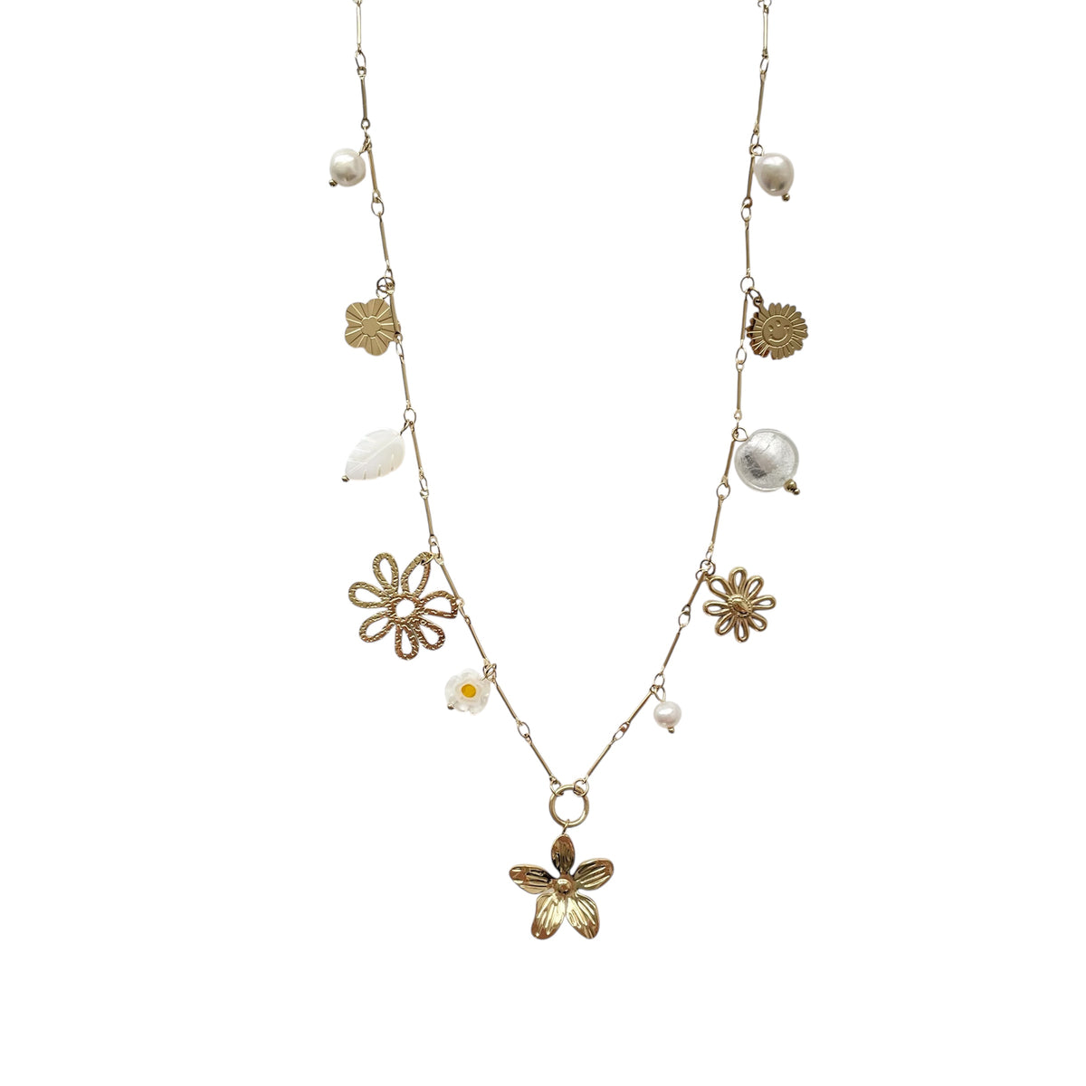 Collier Sautoir avec breloques composé de fleurs tendance en acier inoxydable doré pour femme 