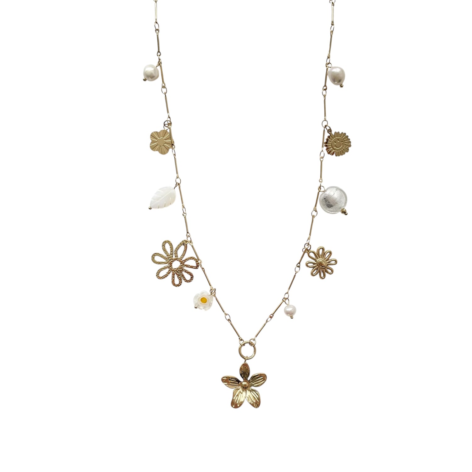 Collier Sautoir avec breloques composé de fleurs tendance en acier inoxydable doré pour femme 