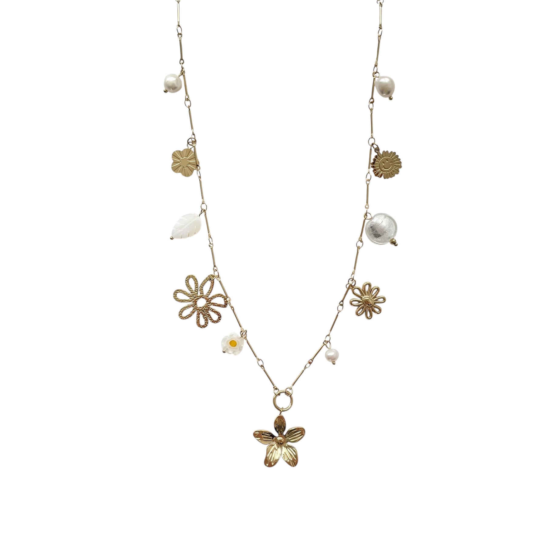 Collier Sautoir avec breloques composé de fleurs tendance en acier inoxydable doré pour femme 