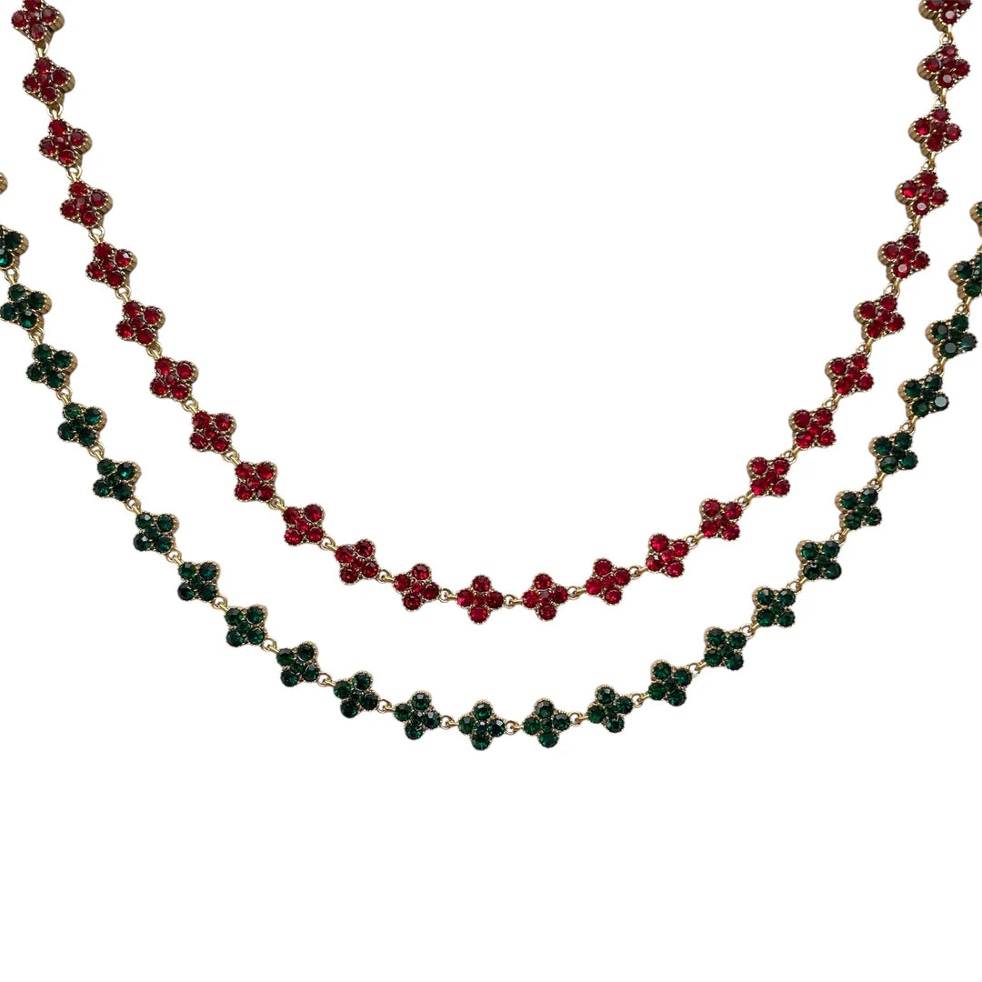 Collier trèfle bordeaux en zirconium et acier inoxydable dore pour femme.