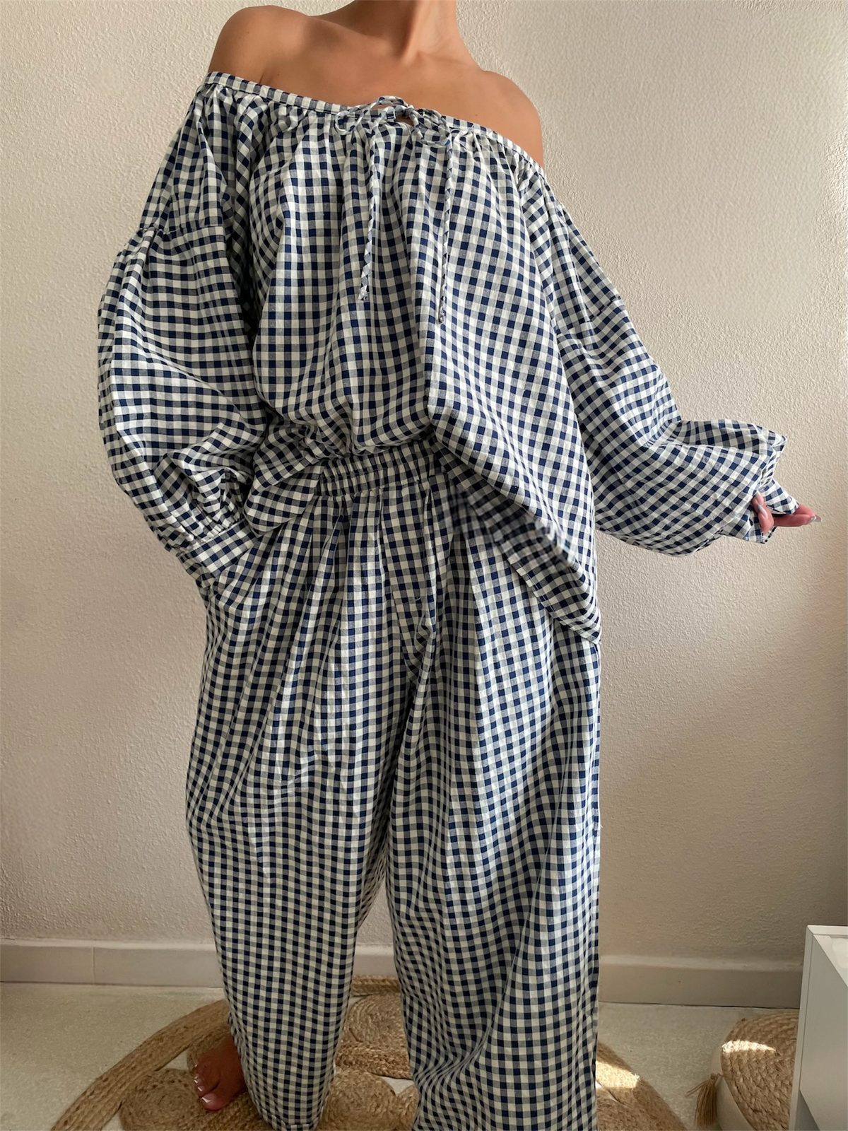 Ensemble à carreaux blouse vichy et pantalon pour femme taille unique 