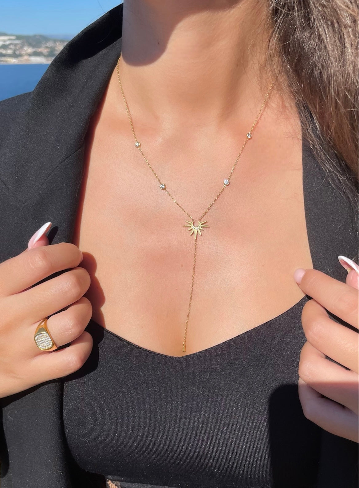 Collier en Y demi Soleil et Strass Acier Inoxydable - Barbara