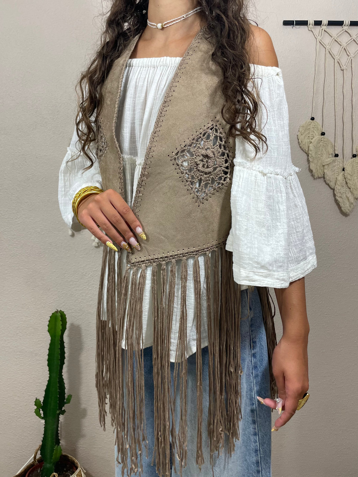Gilet Sans Manches Franges Boho-Chic – Détails Crochet – Beige, Kaki, Marron - femme