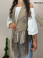 Gilet Sans Manches Franges Boho-Chic – Détails Crochet – Beige, Kaki, Marron - femme