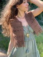 Gilet crochet marron bohème 100% coton tendance femme