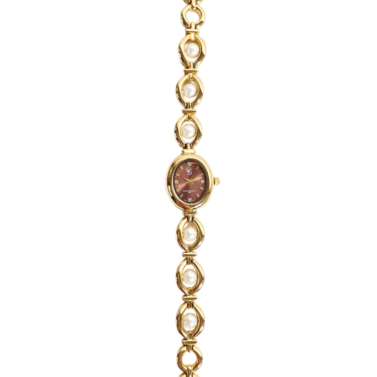 Montre élégante doré cadran ovale marron à quartz analogique et bracelet perles blanche pour femme 