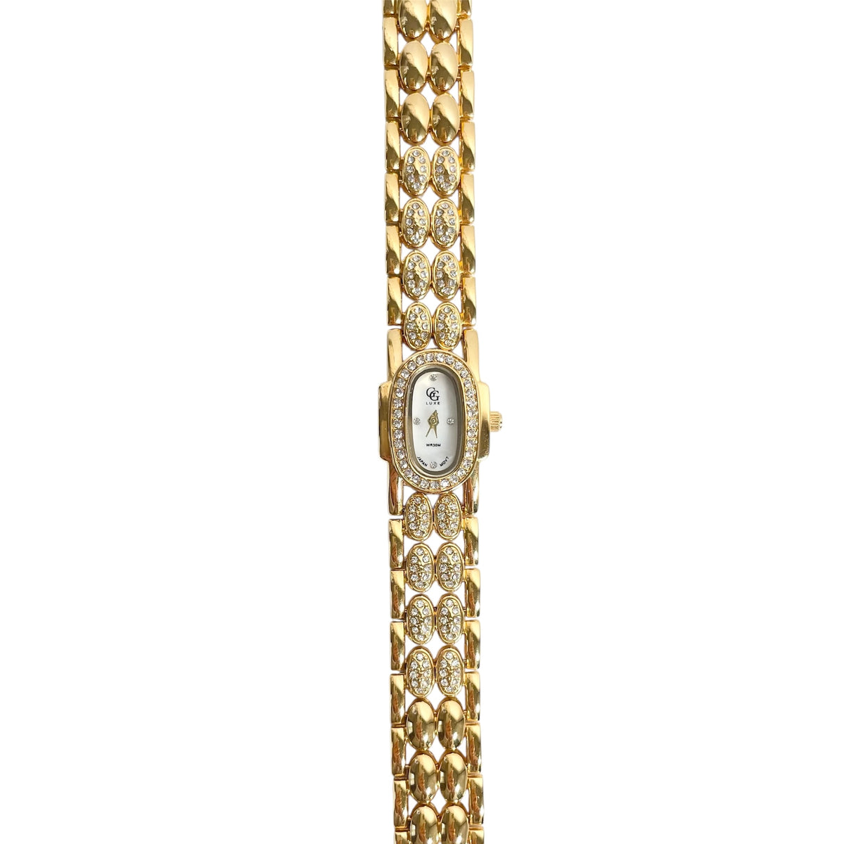 Montre cadran ovale et bracelet serti de zirconium style vintage en acier inoxydable doré pour femme 