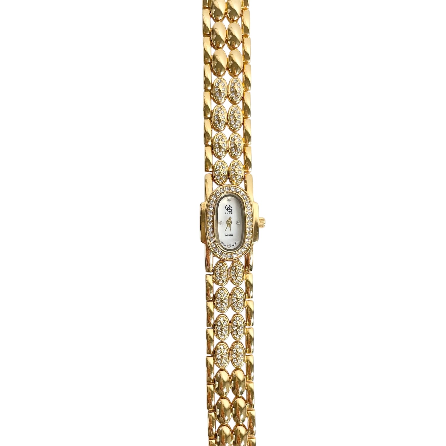 Montre cadran ovale et bracelet serti de zirconium style vintage en acier inoxydable doré pour femme 