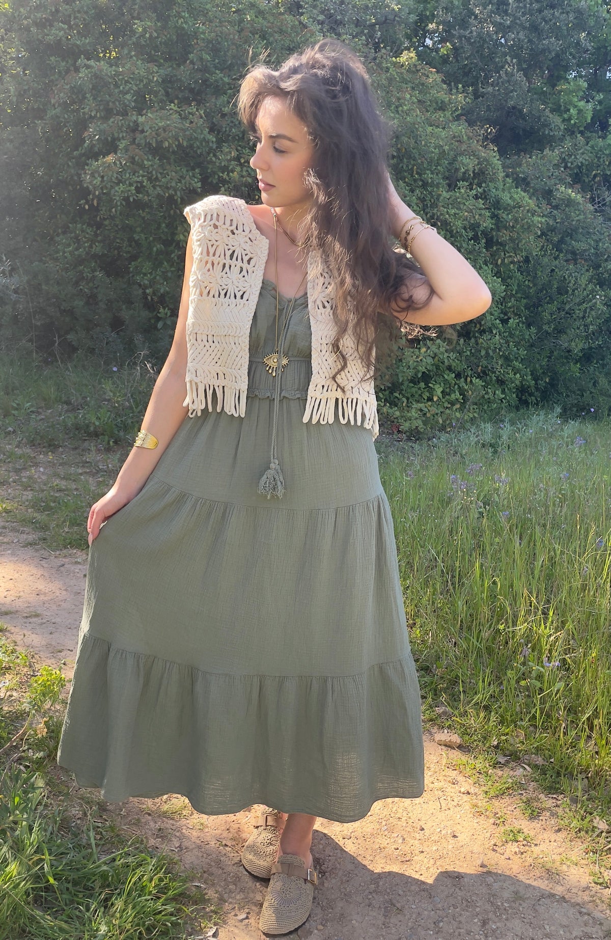 Robe kaki bohème en gaz de coton fabriqué en Italie pour femme 