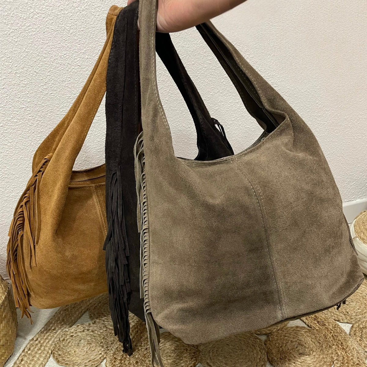 Sac hobo à franges en 100% cuir suédé, sac à main bohème femme, camel, marron, taupe