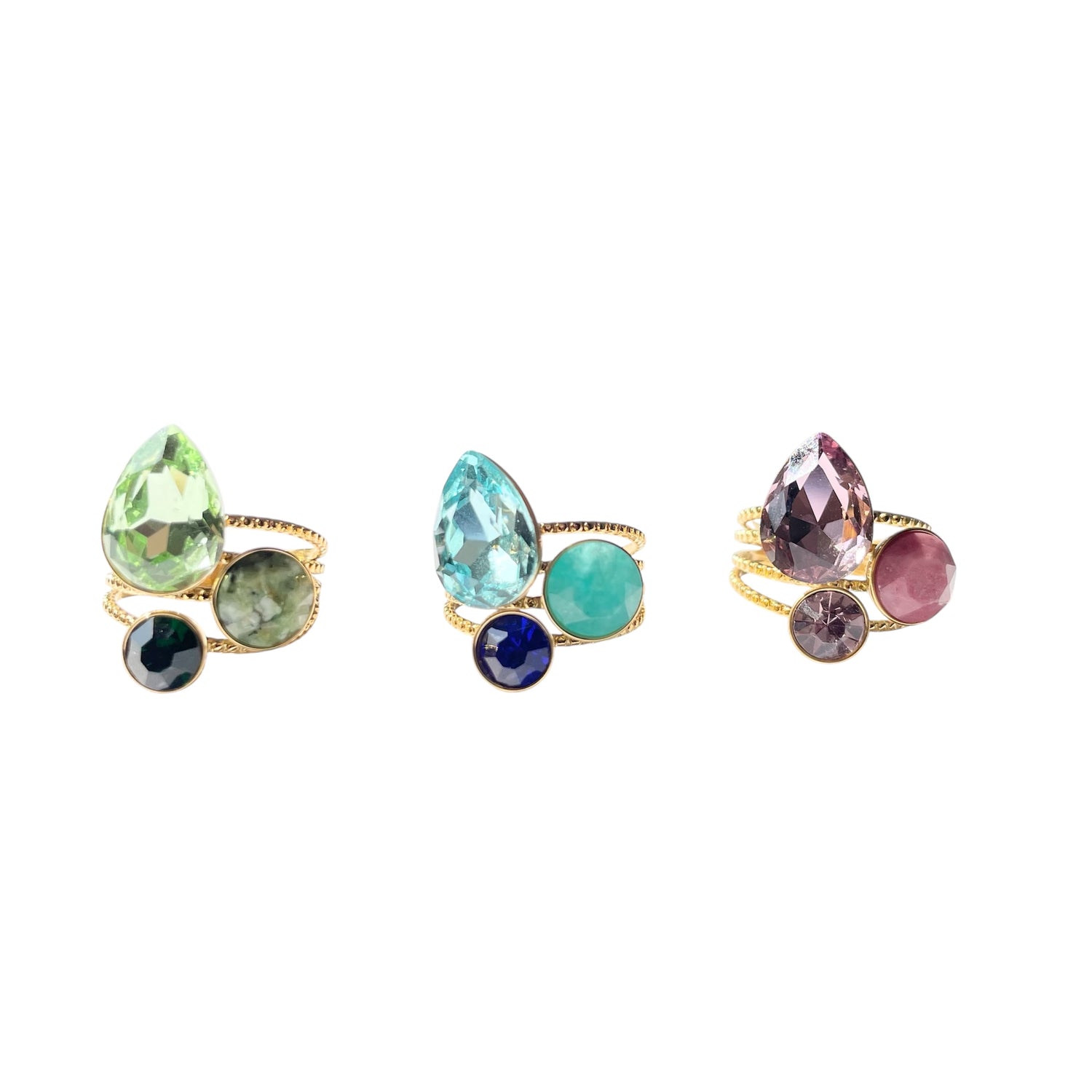 Bague femme 3 rangs en acier inoxydable doré avec cristaux Swarovski et pierre naturelle
