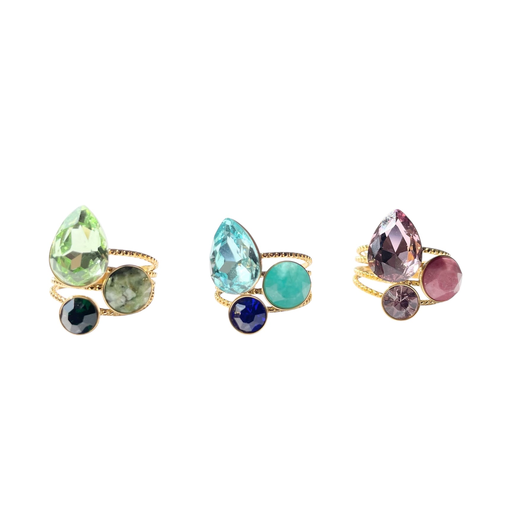 Bague femme 3 rangs en acier inoxydable doré avec cristaux Swarovski et pierre naturelle
