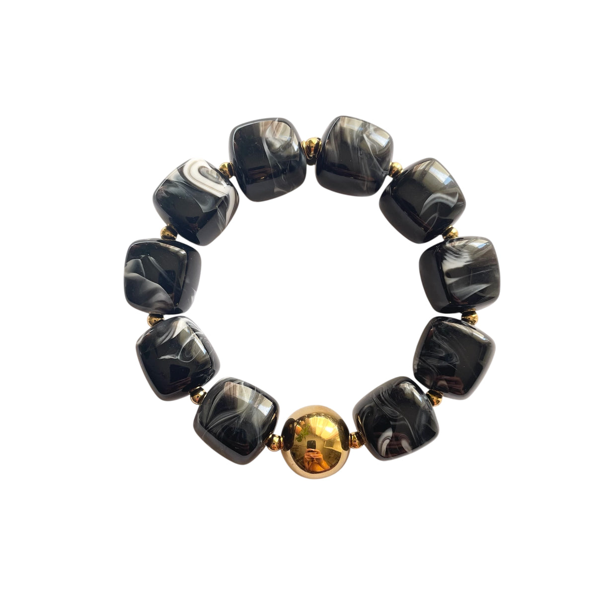 Bracelet en résine perles carrées noire avec perle dorée en acier inoxydable, bijou ajustable femme