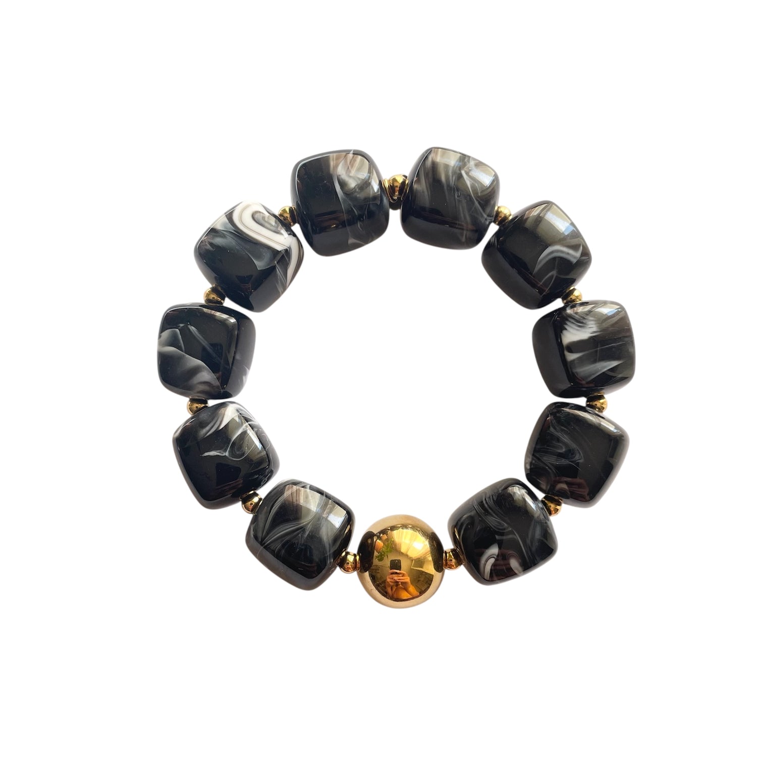 Bracelet en résine perles carrées noire avec perle dorée en acier inoxydable, bijou ajustable femme